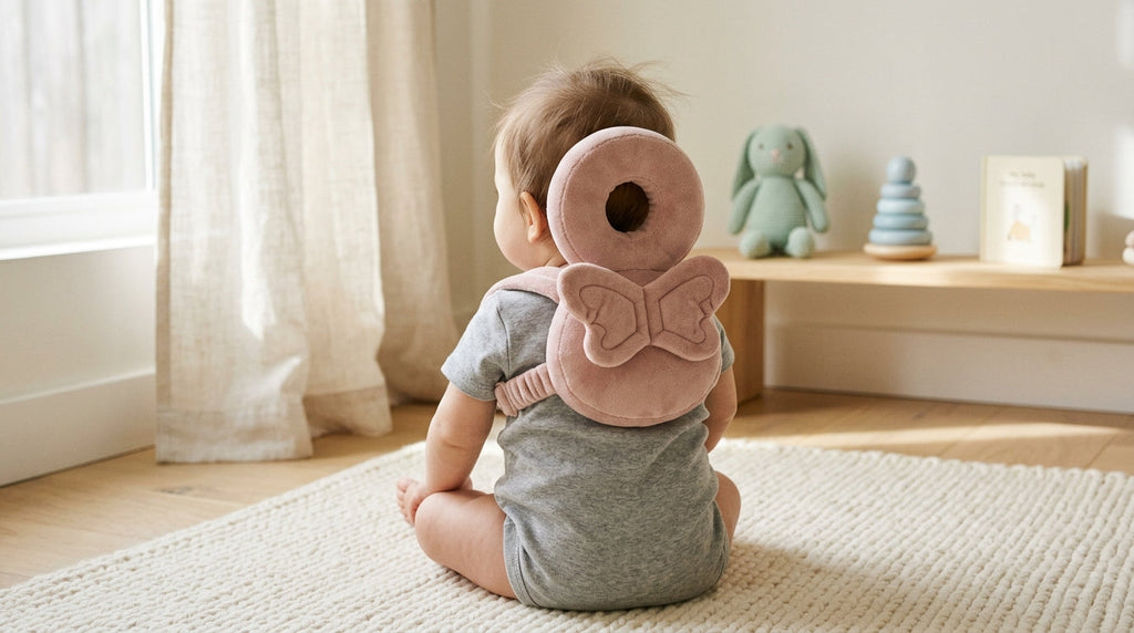 Bebé con la mochila protector de cabeza Aiko, vista de espaldas