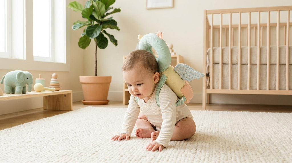 Bebé gateando con la mochila protector de cabeza Aiko